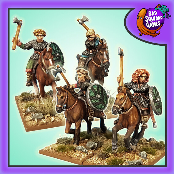 Bad Squiddo metal gaming miniatures.  These mounted female warriors are carrying an axe and a shield.
