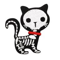 An adorable skeleton kitten iron on patch with a red collar and a cute little skeleton fish in its tummy