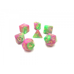 elemental rose green RPG D20 dice set. Elemental two-tone dice in a delicate rose pink and green gold numbers