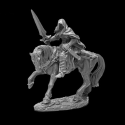 mounted wraith holds a sword in one hand by his side and his other hand on the hilt of a sheathed dagger, the horse has its head low with one hoof of the ground. Reaper Miniatures gaming figure 