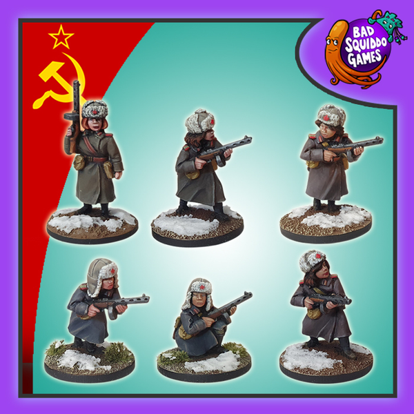 Soviet Winter Infantry is a pack of six metal miniature depicting female soviet infantry in winter attire carrying sub machine guns from the women of world war 2 range by Bad Squiddo Games