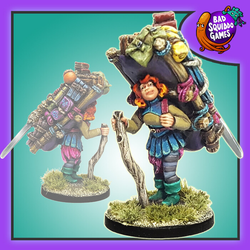 Annie the Pack Handler is a resin single cast miniature designed to be the founder and owner of Bad Squiddo Games. Sculpted by Alan Marsh this miniature is happily travelling along with large stick in one hand and a huge pack on her back full to the brim.