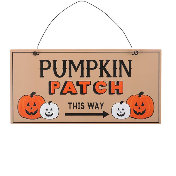 hanging sign features white and orange pumpkins and the words 'Pumpkin Patch this way'