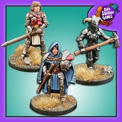 A pack of 3 white metal miniatures depicting female fighters in different dress and stances for your gaming table and RPG needs, two hold swords and one a large axe. From the Bad Squiddo Games range and sculpted by Shane Hoyle. 