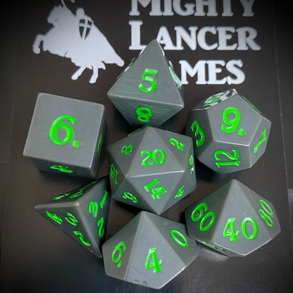 Sharp edge poly dice set for your RPG game in flat slate grey with bright green numbers.. RPG D20 dice set 