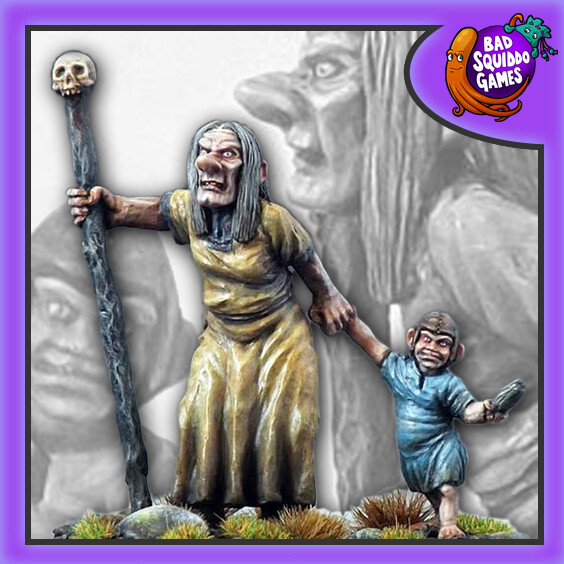 Hyacinth Ogre Oracle with Ogre Child - BFM019 by Bad Squiddo Games. Hyacinth is holding a staff topped with a skull and the child wears a leather cap.