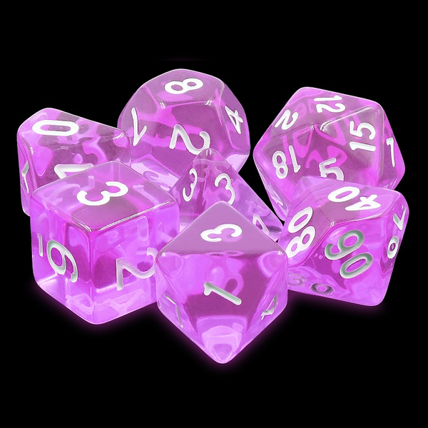 A set of Tyrian Purple Gem dice for use with D&D or the d20 open game system. These light purple dice have white numbers and a semi translucent look. 