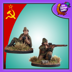 Female Soviet Sniper Team in a Kneeling position by Bad Squiddo Games. Painted gaming miniatures. Soviet flag and Bad Squiddo logo in the top corners 