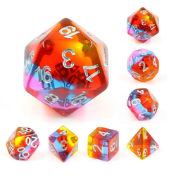 Aurora Golden Time Poly Dice Set is a set of rich red, blue, pink and yellow stripe rainbow dice