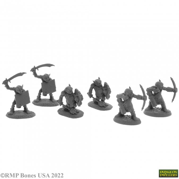 A pack of 6 Goblin Skirmishers from the Bones USA Dungeons Dwellers range by Reaper Miniatures sculpted by Bobby Jackson. This pack contains six goblins two holding swords, two with a mace and two with a bow for your gaming table, diorama or RPG adventure.  