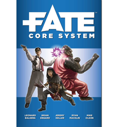 Fate Core System. A blue book with white writing and three RPG characters on the front