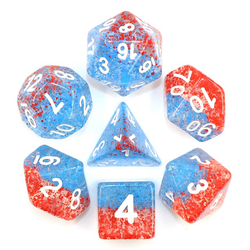 Particle Coral Reef RPF Dice. translucent dice have blue and red particles and easy to read white numbers. 