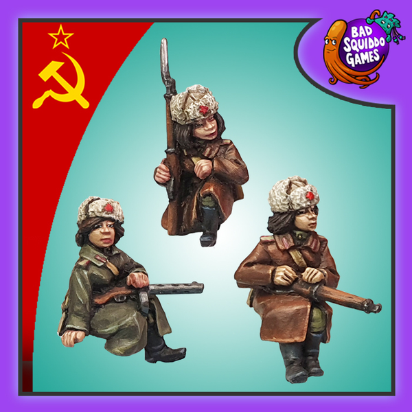 Soviet Winter Tank Riders is a pack of three metal miniature depicting female soviet tankers holding guns in a sitting position from the women of world war 2 range by Bad Squiddo Games