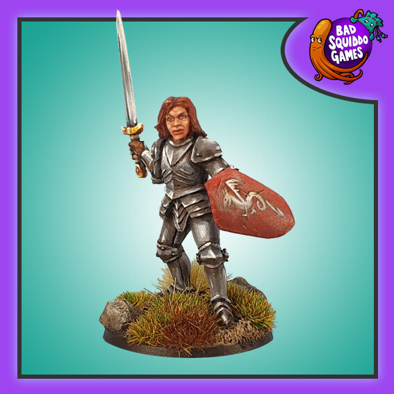 Ser Mary is a metal miniatures depicting a female knight holding a sword and a shield from Bad Squiddo Games, shown here painted with a red shield 