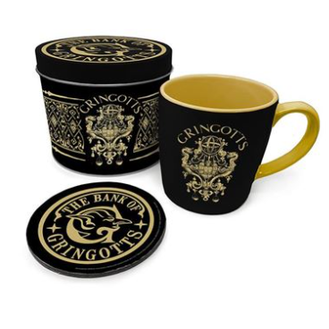 Harry Potter mug and coaster set. mug and one cork backed coaster and is presented in a black and gold tin depicting the crest of The Bank Of Gringotts. 