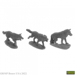 A set of 3 Wolf Pack from the Bones USA Dungeons Dwellers range by Reaper Miniatures. This pack contains three plastic wolves in various poses