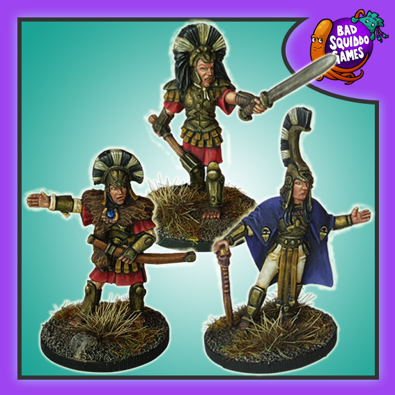 Ambassador Sofia & Escort by Bad Squiddo Games is a pack of three metal miniatures depicting a female ambassador wearing an elaborate headdress and her two escorts with their weapons.