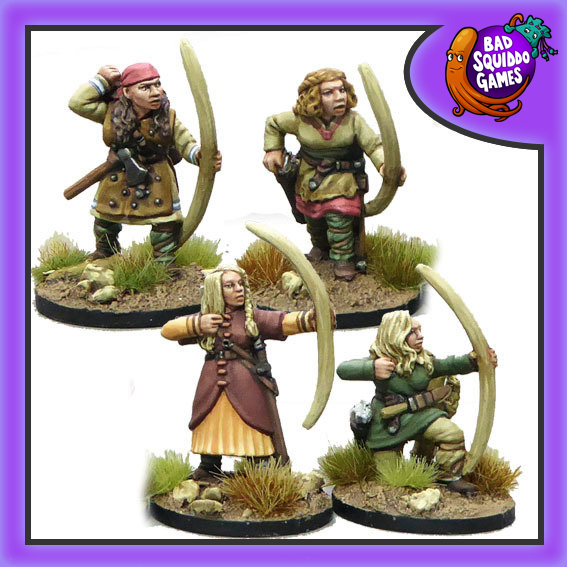 Shieldmaiden Archers from Bad Squiddo Games contains 4 metal miniatures with bows, three are in a standing position and one kneeling 