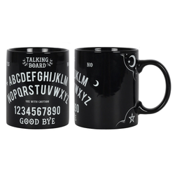A ceramic black mug with white writing featuring the classic Ouija / talking board design including letters, numbers, yes, no and goodbye. the image shows 2 mugs, one straight in and one to the side