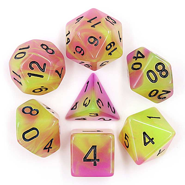 set of glow dice with black numbers and yellow and pink colours