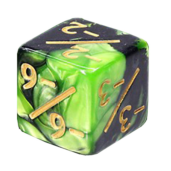  pearl green and black counter dice with swirling black and red colour and gold numbers marked +1, +2,+3,+4,+5 & +6 