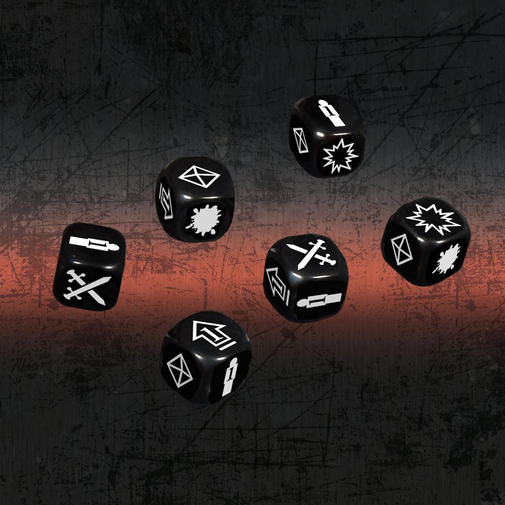 six black dice with white images and six sides (D6) 