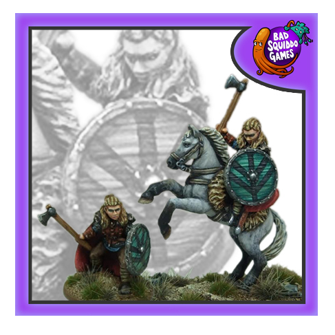 bad squiddo gaming miniatures of arl Lathgertha, one miniature shows her on horseback and the other on foot both carrying an axe and a shield,