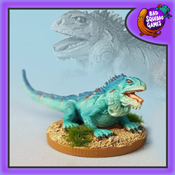 Giant Iguana - BFM045B by Bad Squiddo Games. the image shows a painted green blue iguana gaming miniature with his mouth open