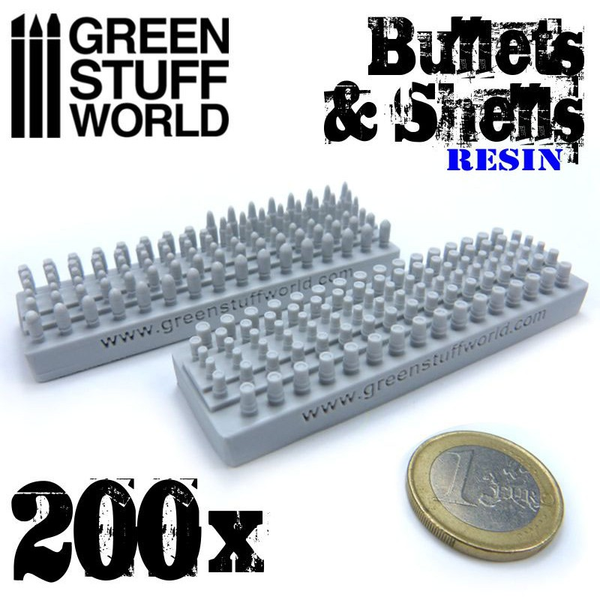 A pack of 200 resin bullet and shells by Green Stuff World including sniper ammunition, pistol bullets and shotgun cartridges in high quality resin 