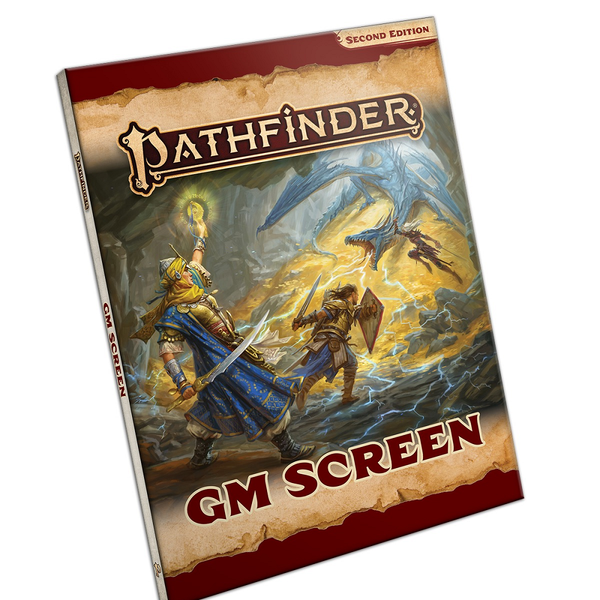 Pathfinder GM Screen Second Edition cover art of three adventurers fighting a white dragon atop a pile of gold