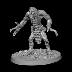 Reaper miniatures bones 5 gaming figure.A moor troll with long hair and pointed finger nails, wearing a loincloth made of bones and strapping round its feet in a standing position