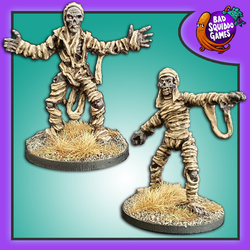 A pack of two metal Mummies by Bad Squiddo sculpted by Phil Hynes. This pack of two undead monsters could be used in a variety of ways on your gaming table and in your RPG, both are in the typical mummy stance with their hands out and bandages unravelling