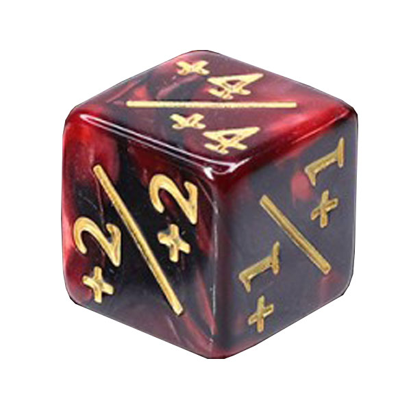 pearl red and black counter dice with swirling black and red colour and gold numbers marked +1, +2,+3,+4,+5 & +6