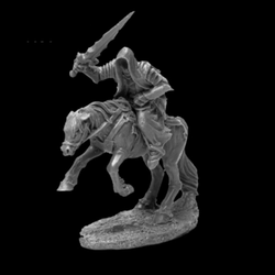 mounted wraith holds a sword in one hand above its head, the horse is slightly reared with two back hooves on the ground and the two at the front raised with its head leaning forwards. Reaper Miniatures gaming figure  