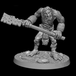Reaper miniatures bones 5 gaming figure. A moor troll with long hair, wearing a loincloth and holding a two handed cleaver type weapon