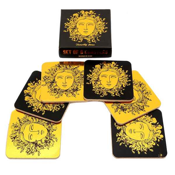Medusa coaster set. Medusa illustration on a black and gold background