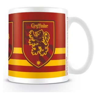 white mug with the Gryffindor red and yellow colours in stripes and the house crest in three places running around the mug. Harry Potter homeware mug