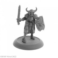 Rictus The Undying from the Dark Heaven Legends metal range by Reaper Miniatures sculpted by Bob Ridolfi. Holding a sword in one hand, a shield in the other, wearing armour and a horned helm
