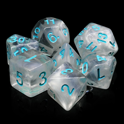 Elemental Frozen Heart RGP Dice.Elemental two-tone dice in ice white with aqua numbers 