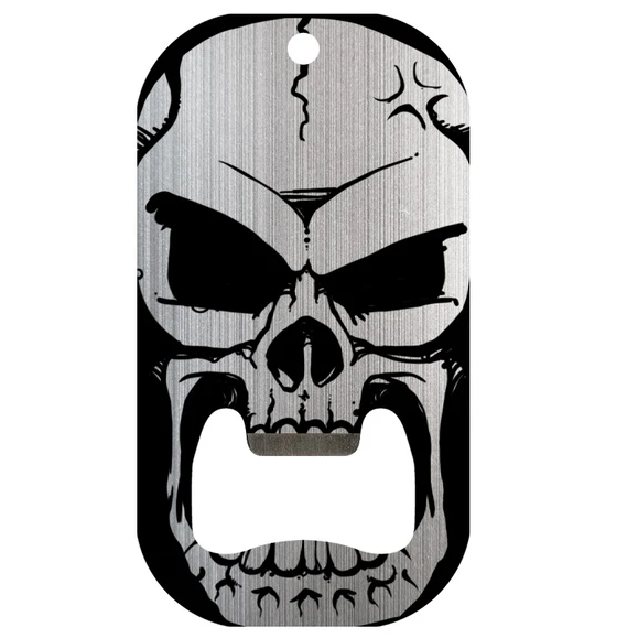  compact bar blade bottle opener. This bottle opener features a black and grey open mouthed skull,