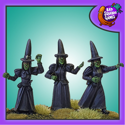 Bad Squiddo metal gaming figures depicting witches of the more evil kind in their tall pointed hats and long skirts. 