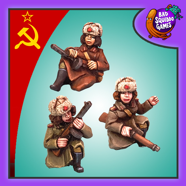 Soviet Winter Tank Riders is a pack of three metal miniature depicting female soviet tankers holding their guns from the women of world war 2 range by Bad Squiddo Games,