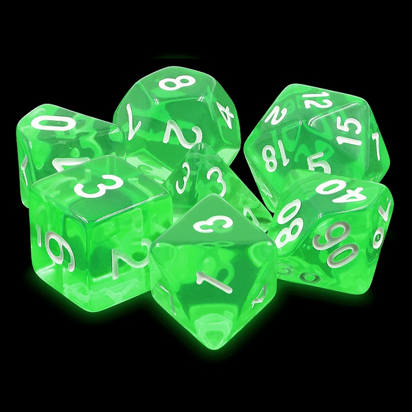 A set of Emerald Green dice for use with D&D or the d20 open game system. These light green dice have white numbers and a semi translucent look. 