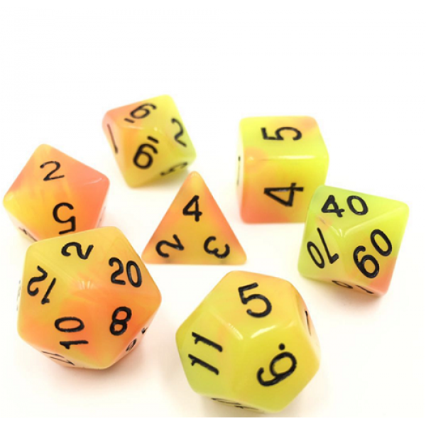 set of glow dice with black numbers and yellow and orange colours
