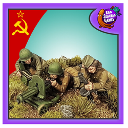 Female Soviet Maxim HMG crew from bad squiddo games. This image has the soviet flag in one corner and the bad squido logo in the other. one kneeling helping to thread the ammunition, one kneeling with her hand over the ear and the other one laying behind the HMG