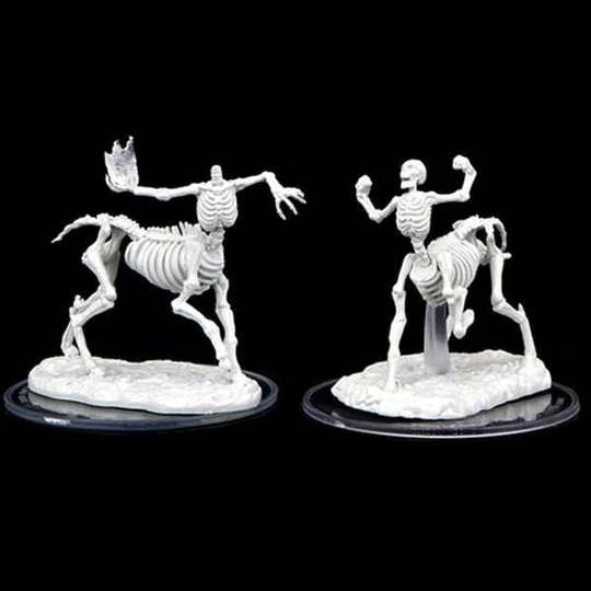 Skeletal Centaurs unpainted miniatures by Wizkids as part of their wave 2 Critical Role range for Dungeons and Dragons, a great set of two miniatures for your gaming table of undead centaurs with one holding its own flaming head in its hand. 