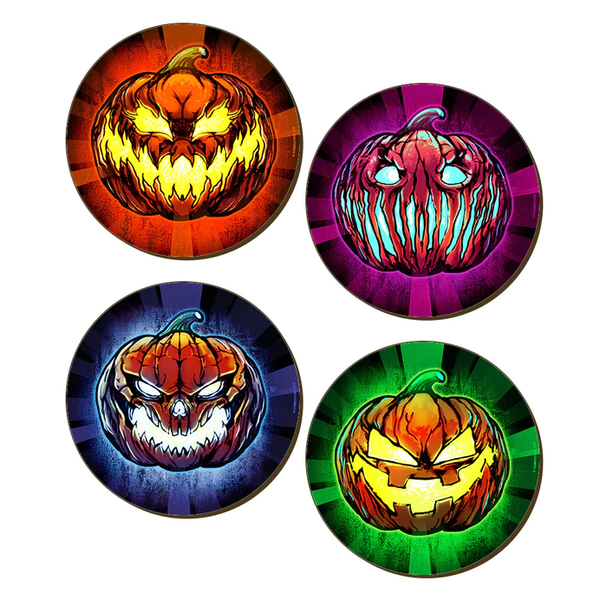 Set of four round coasters featuring a different colour and grinning pumpkin on each