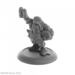 Jalarak Leadbarrels from the Dark Heaven Legends metal range by Reaper Miniatures sculpted by Jason Wiebe.  A metal miniature of a dwarf with a barrel under his arm, three beer jugs raised up above his head, braids in his beard and an eyepatch