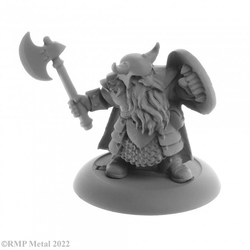 Borin Ironbrow a Dwarf Fighter from the Dark Heaven Legends metal range by Reaper Miniatures sculpted by Bobby Jackson. This dwarf fighter wears a horned helm, cloak and armour