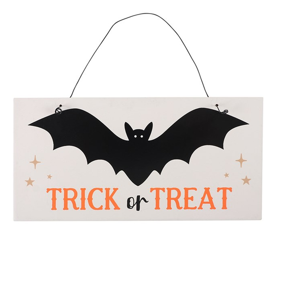 white hanging wooden sign decorated with a black bat, stars and the words Tick or Treat in orange and black